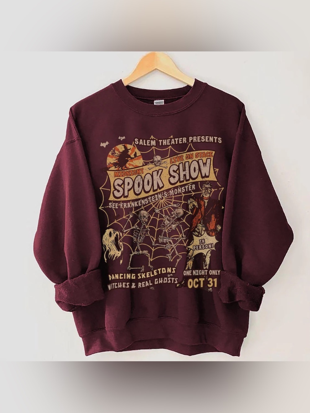 Salem Theater Presents Midnight Spooky Show Dancing Skeleton Maroon Sweatshirt